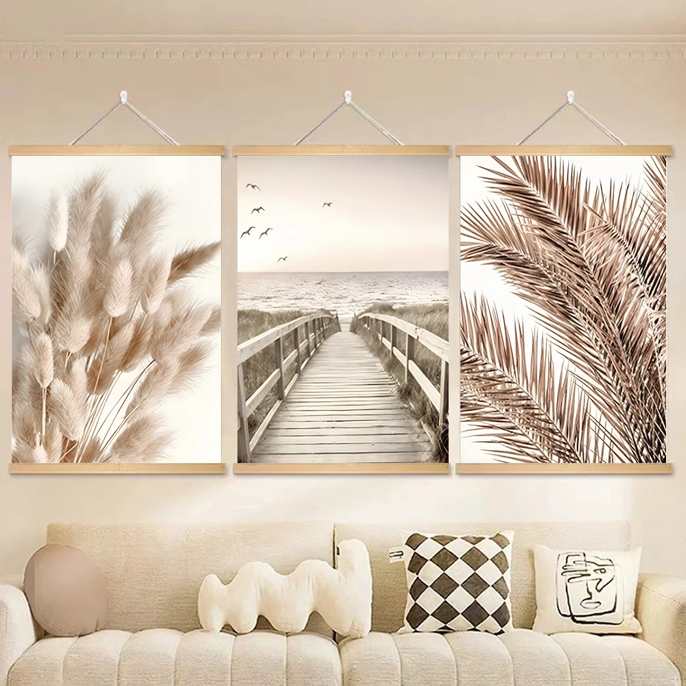 Botanical Nature Solid Wood Hanging Paintings Floral Reed Canvas Art Grass Seascape Pier Scenery Aesthetic Artwork Room Home Dec