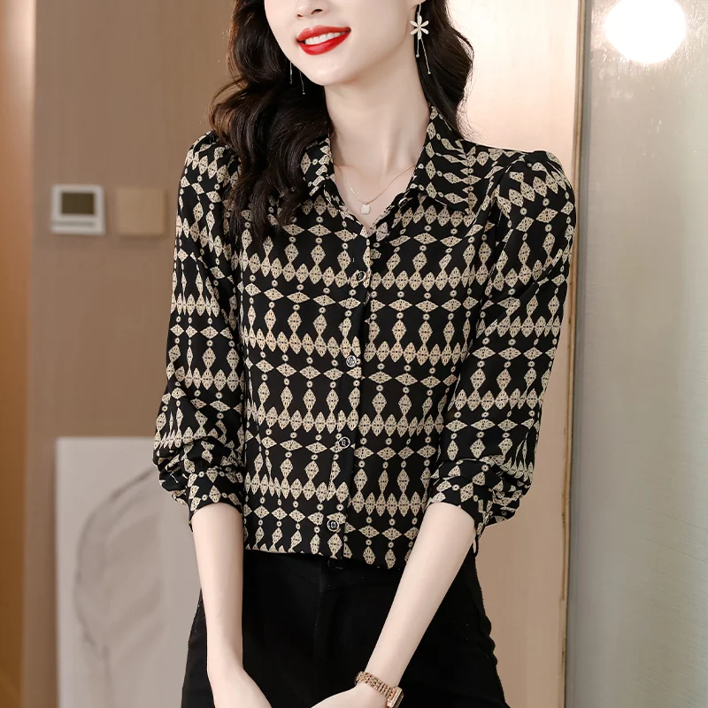 #2540 Spring 2024 Black Printed Chiffon Shirt Women Long Sleeve Vintage Office Shirt Female Regular Fit Womens Tops And Blouses