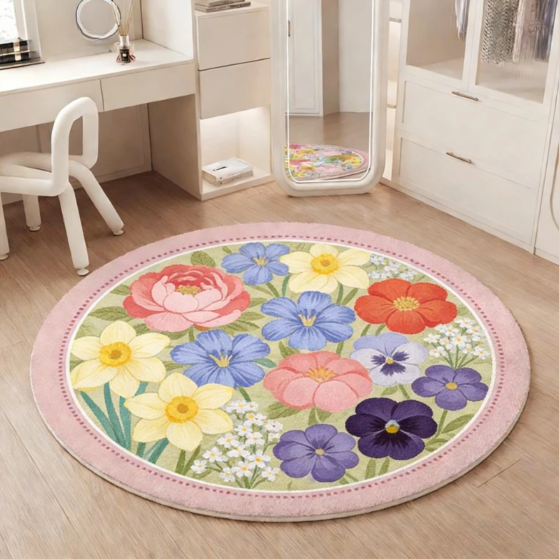 Flower Pattern Bedroom Decor Round Carpet French Style Carpets for Living Room Thick Plush Lounge Girl Floor Mat Fluffy Soft Rug