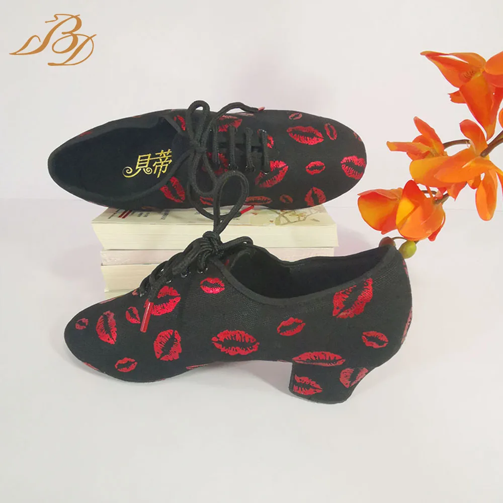 BD Dance Latin American Shoes Sneakers Dance for Woman Perform Social Jazz Sports Fitness Tango Argentina Shoes Red Lips T1-B