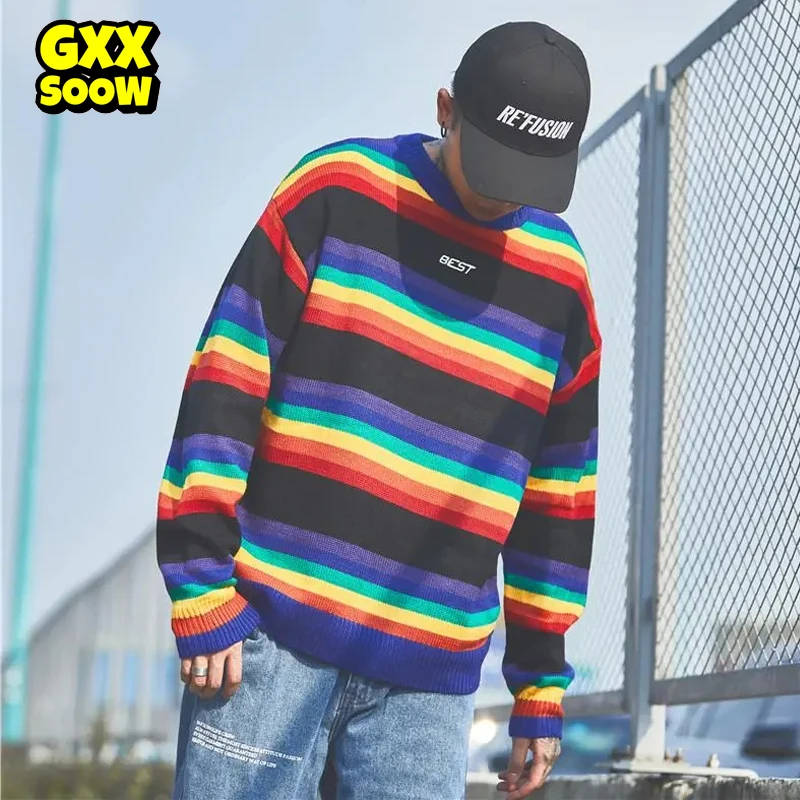 

Hip Hop Harajuku Knitted Sweaters Men Colorful Striped Pullover 2024 Autumn Men Fashion Knitwear Sweater Streetwear Male Clothes