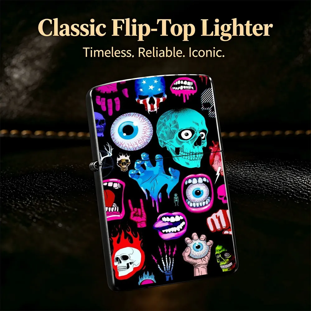 Pocket Lighter, Flip-Top Windproof Design, Metal Case, Multi-Colored Skull Print, Cool & Unique, Portable & Durable, for Smoking & Outdoor Use