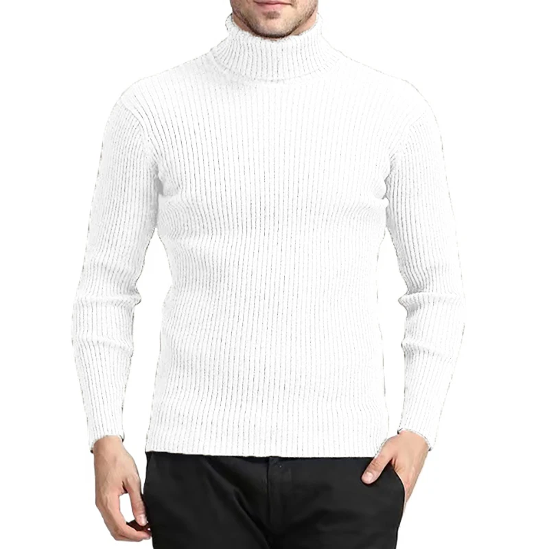 New Men\'s Turtleneck Sweaters Autumn Knitted Striped Streetwear Warm Long Sleeved Pullover Breathable Solid Color Basic Coat