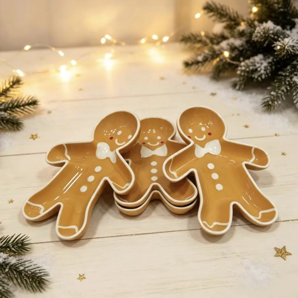 Ceramic Plate Gingerbread Man Plate Hand Drawn Relief Style Christmas Cane Candy Wreath Decoration Tray