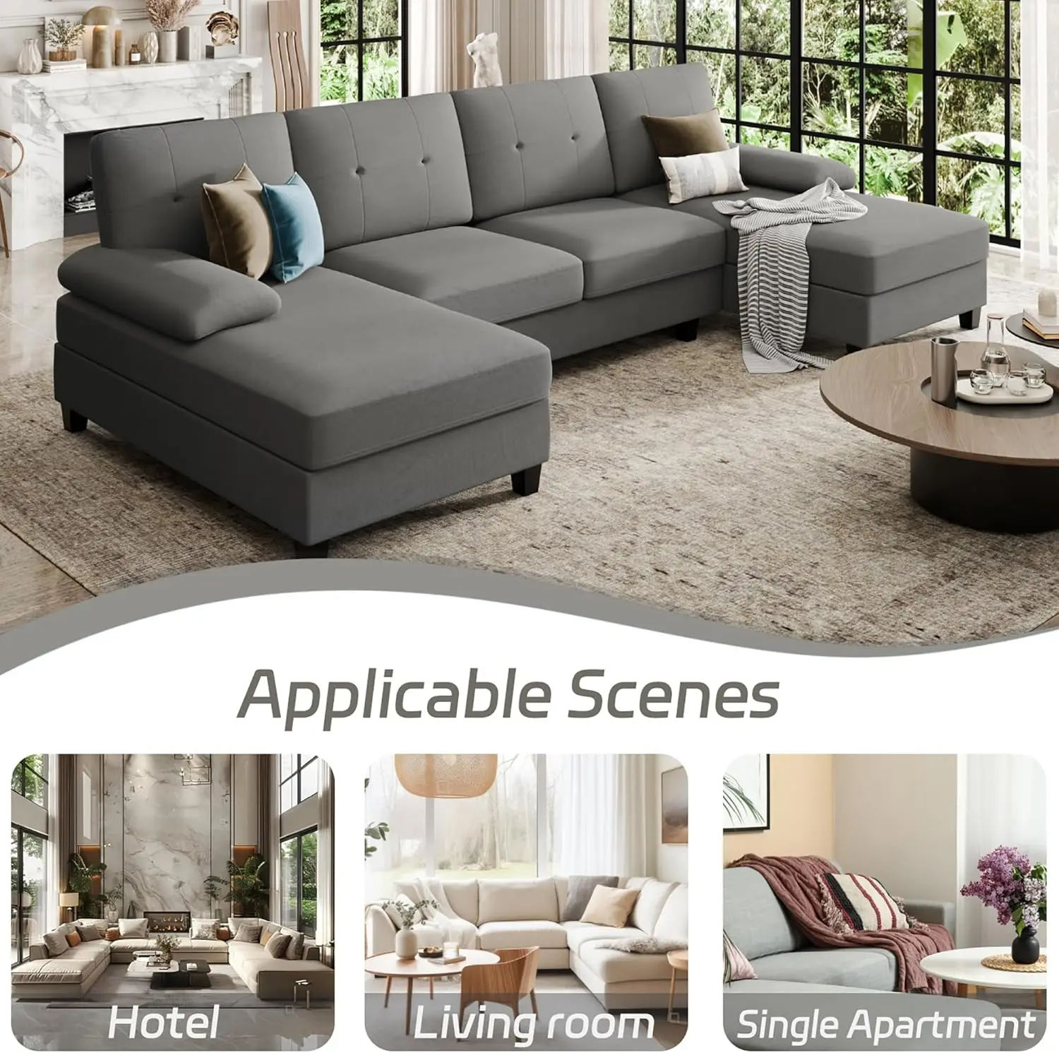 Sectional Sofa Couches, 4 Seat U-Shaped Sofa Couch with Linen Fabric and Double Chaises, Modern Living Room Furniture Sets