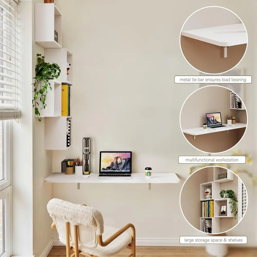 مكتب حائط متعدد الوظائف موفر للمساحة مع أوراق متدلية ورف كمبيوتر محمول عائم وتخزين للمكتب المنزلي باللون الأبيض الرمادي
