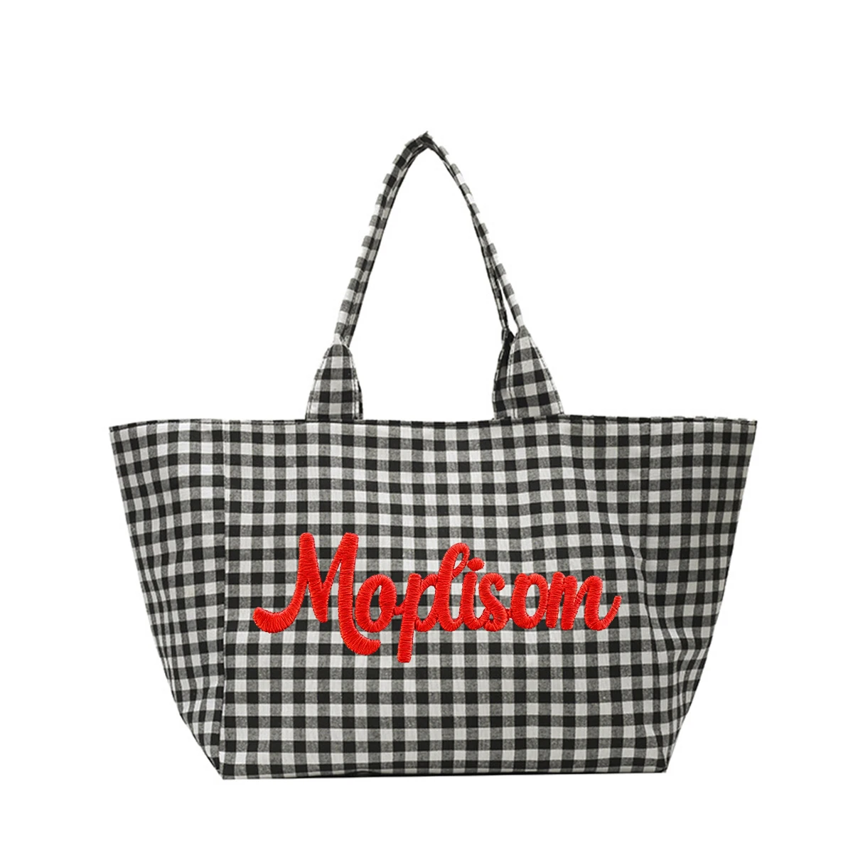 (Custom Embroidery) Women's Tote Bag, Personalized Embroidered Simple Plaid Canvas Bag, Original Niche Versatile Large-Capacity Tote Bag for Commuting, Student Shoulder Bag for Class
