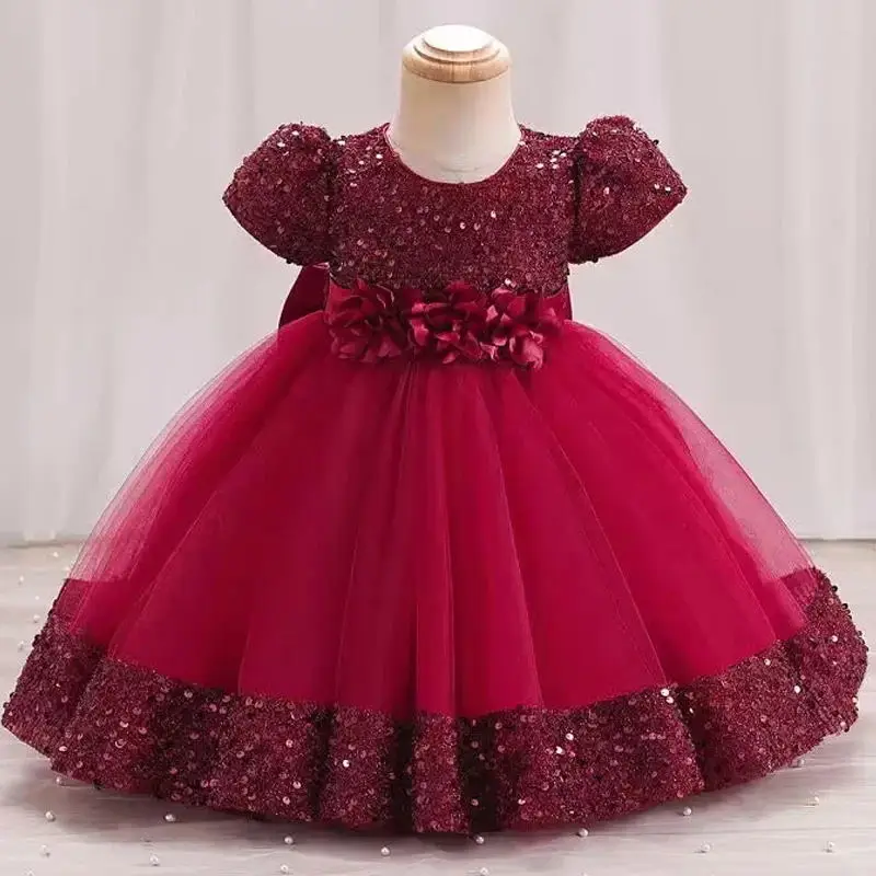 Elegant floral bow and fluffy sleeves, princess dress with sequins suitable for special occasions of baby girls, birthday dresse