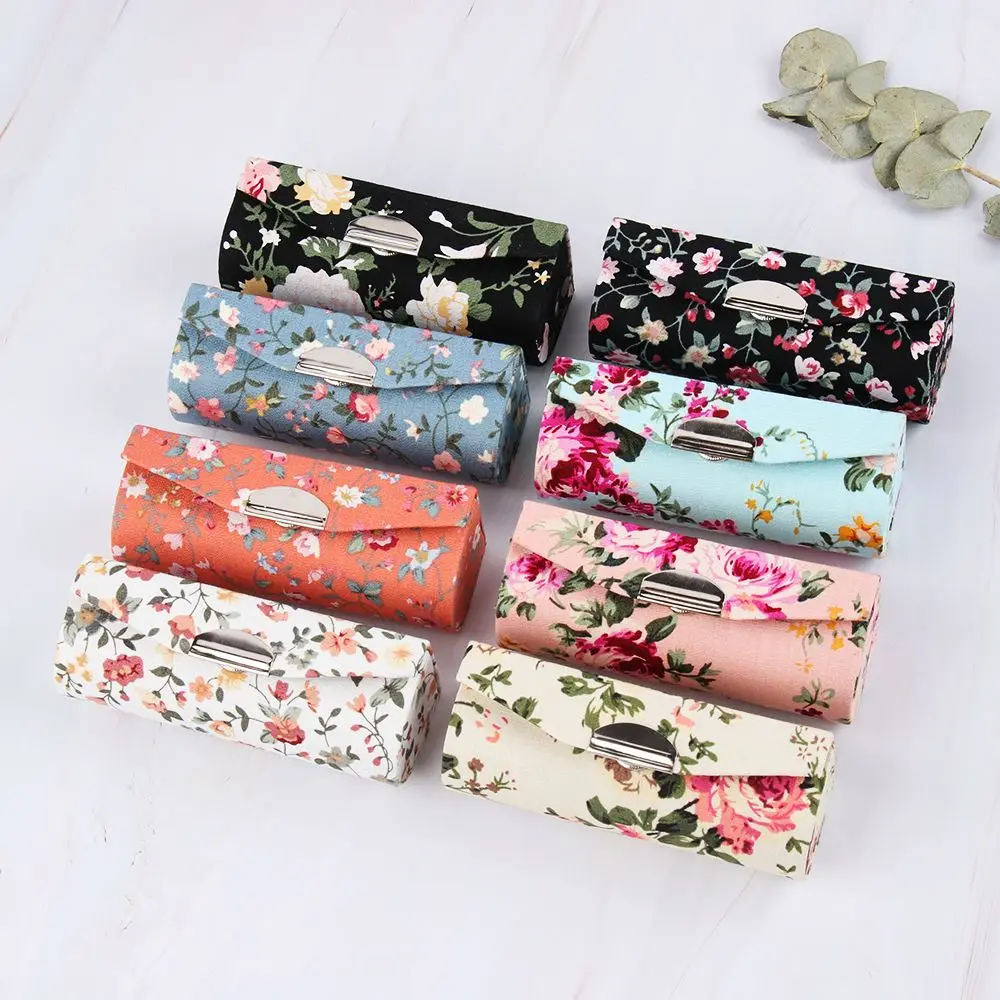 Portable Lipstick Case Retro Embroidered Flower Designs Lip Gloss Box With Mirror Lipstick Packaging Box Women Jewelry Holder