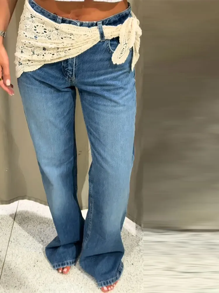 

Джинсы женские для города, однотонные, в стиле стрит-шик, с широкими штанинами, высокой талией, карманами и молниями, с вязаными ремнями, осень 2025