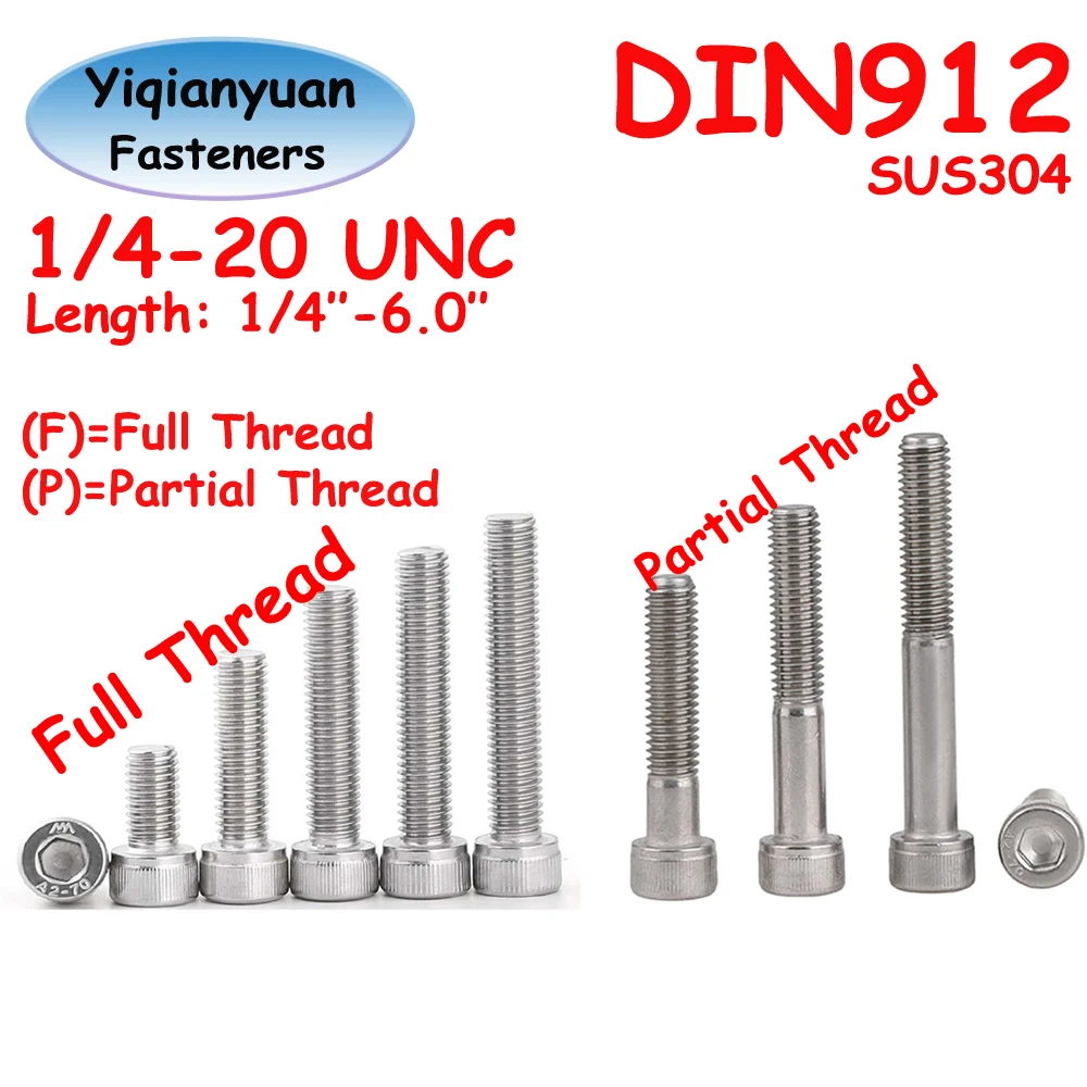 Yiqianyuan 1/4-20 UNC DIN912 SUS304 Stainless Steel Hexagon Socket Knurled Cap Head Screws Allen Bolts Full/Partial Threaded