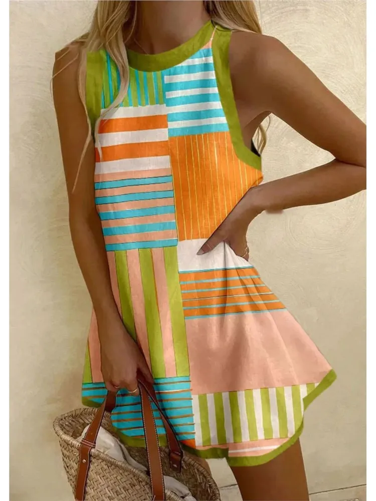

Summer Mini Dress Casual Retro Printed Temperament Dresses Women Comfortable Shirt Dress Vacation Beachwear Sleeveless Vestidos