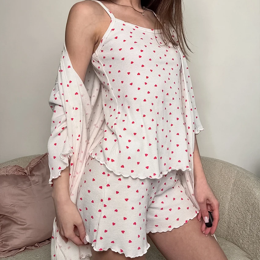 Sweet Pink Knitted Love Printed Pajamas 3 Piece Long-Sleeved Coat Sleeveless Camisole Top Elastic Waist Shorts 2026 Fall