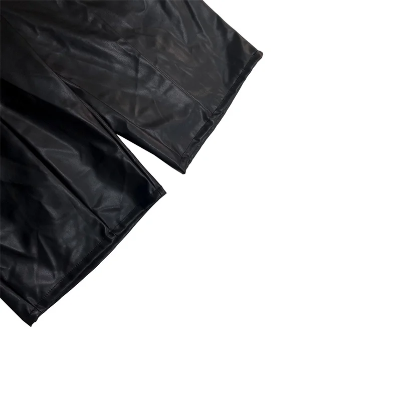 Slergiri Pantaloncini al ginocchio in pelle nera da donna 2025 Autunno Inverno Tasche in vita alta elastica Pantaloncini casual a gamba dritta