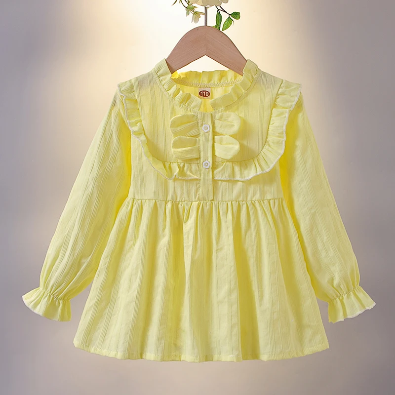 Cute Girls Long Sleeved Shirts Spring Summer Solid Color Loose Casual Cotton Blouse Kids Korean Casual Top