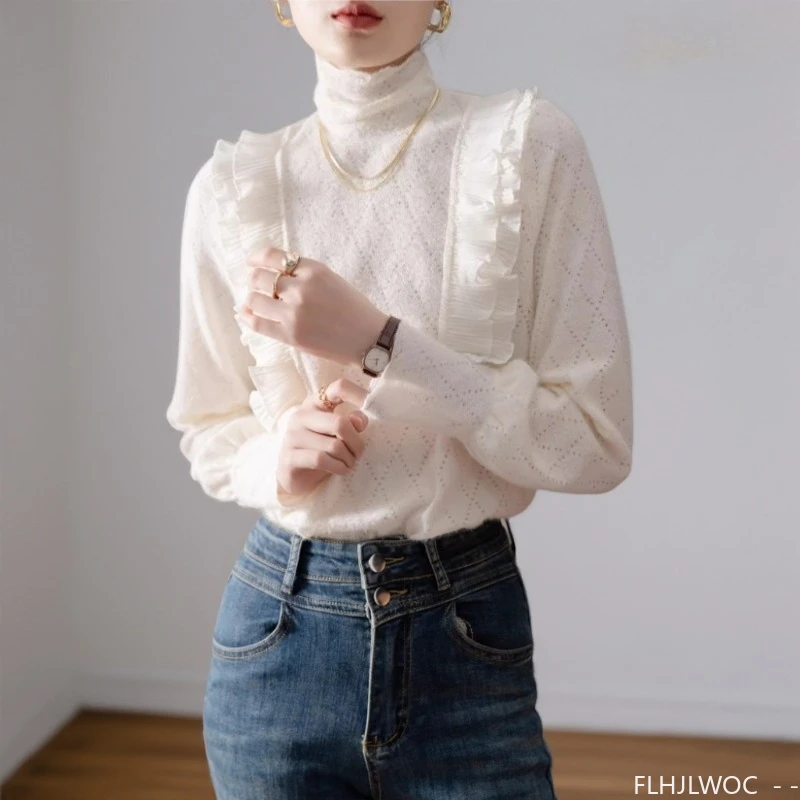 

French Design Turtleneck Tops Blouse New Year 2026 Spring Winter Basic Shirts Long Sleeve Ruffles Top Chic Korea Fashion Clothes