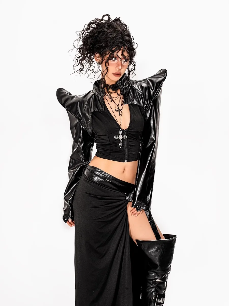 سترة نسائية من الجلد الصناعي من REDDACHiC سترة مقصوصة لراكبي الدراجات النارية باللون الأسود الصلب بأكمام طويلة معطف منفوخ ملابس خروج Emo Alt