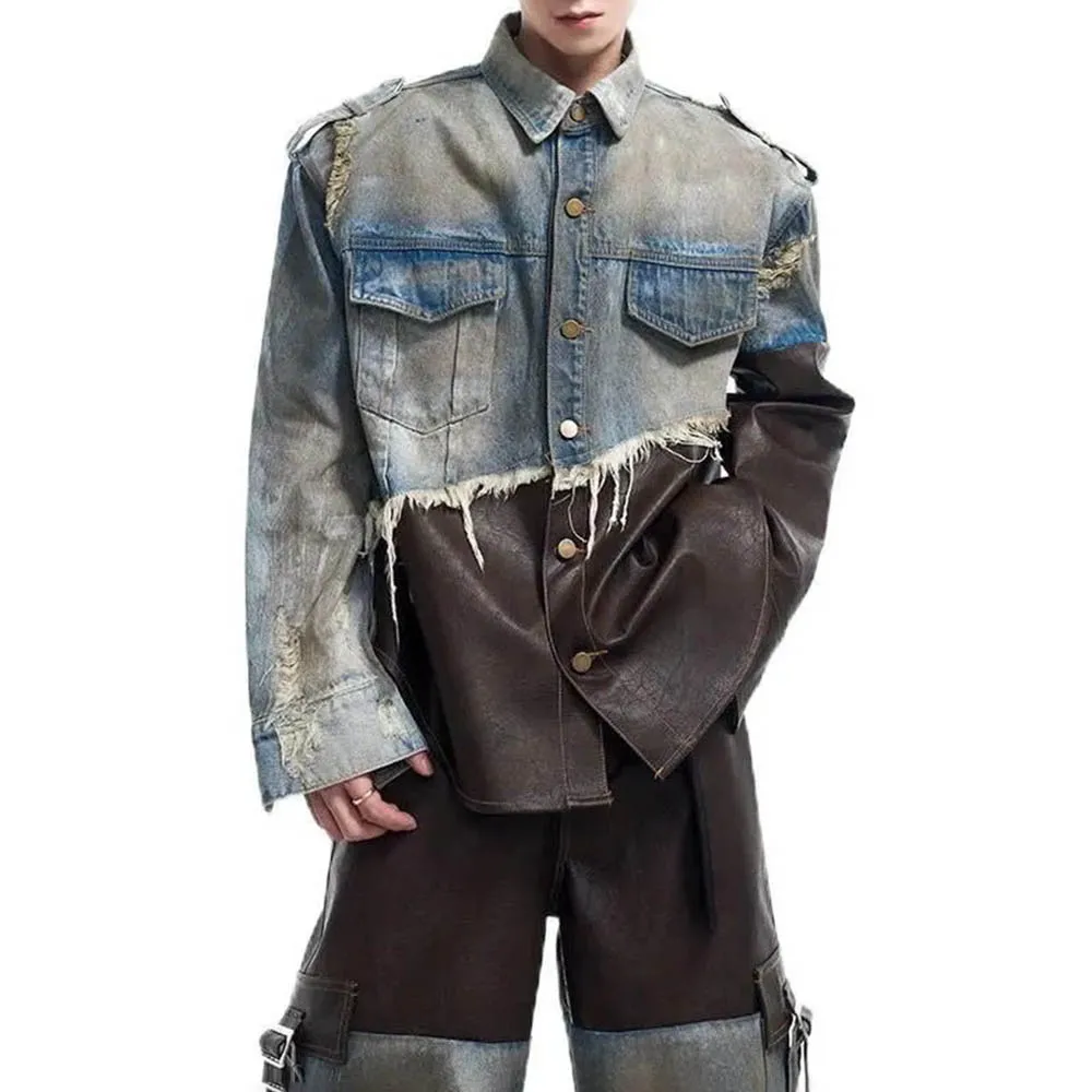 

Осенняя новая мужская джинсовая лоскутная куртка с длинными рукавами в американском стиле ретро, модные тенденции, уличные повседневные свободные нишевые мужские топы 2025