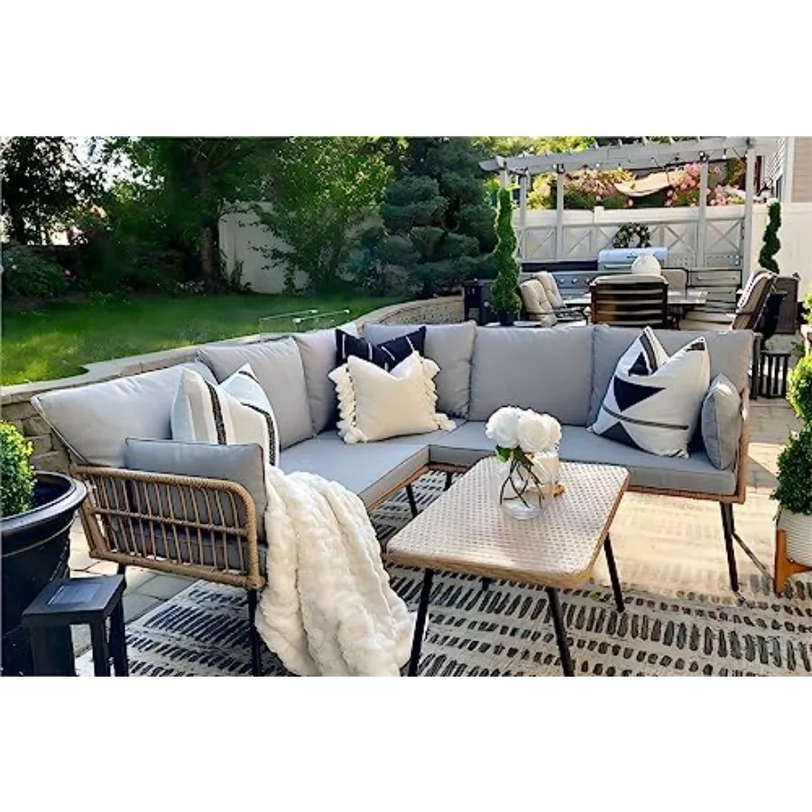 YITAHOME 4 Pieces Patio Furniture Set Outdoor Wicker Conversation Sectional LShaped Sofa with 5 Seater for Backyard Porch Boho