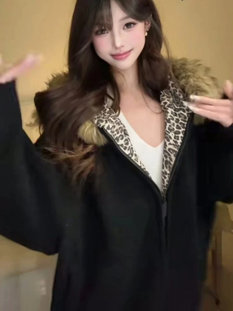 Harajuku Vintage Leopard Patchwork Pelliccia Con Cappuccio Magliette e camicette 2025 Donne Lettera Ricamo Felpe Casual Allentato Grunge Cerniere Felpe