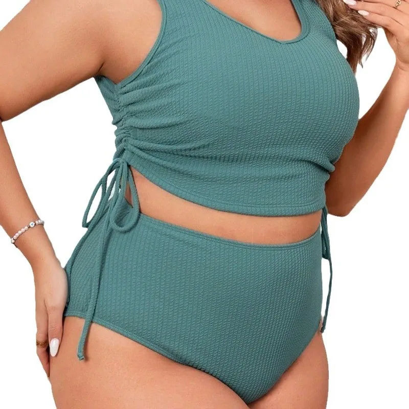 2025 New Plus-Size Women's Solid Color High-Waist Tummy Control Tight Fit Split Bikini Set