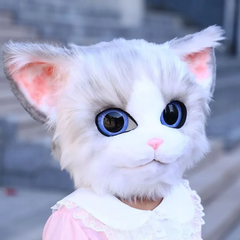 Furry Cat Mask Kigurumi Cosplay Cute Kawaii Animals Fursuit Head Women Men Halloween Party Kig Roleplay Outfits Handmade
