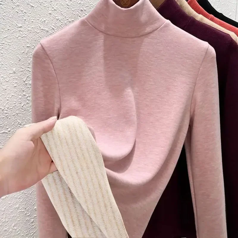 Camiseta térmica de cuello alto para mujer, forro polar, ajuste ceñido, manga larga, estilo coreano, ropa interior cálida para invierno