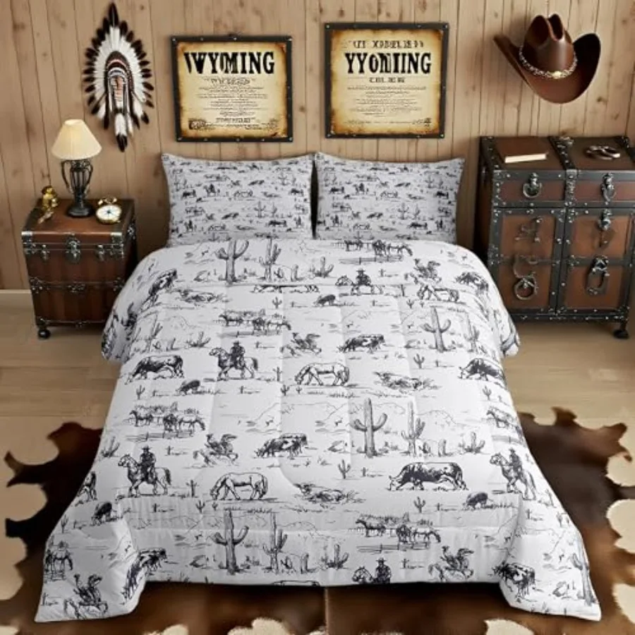 

Western Comforter Set Size White and Black Cowboy Cow Bedding Set Cowboy Comforter Desert Cactus Duvet Set Soft Bed Set 2Pcs