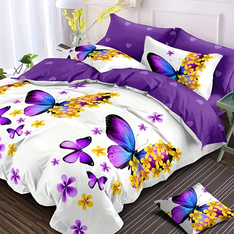 

Purple Butterfly Floral Duvet Cover Set 1 Duvet Cover + 2 Pillowcases Printed for Home And Dorm Use