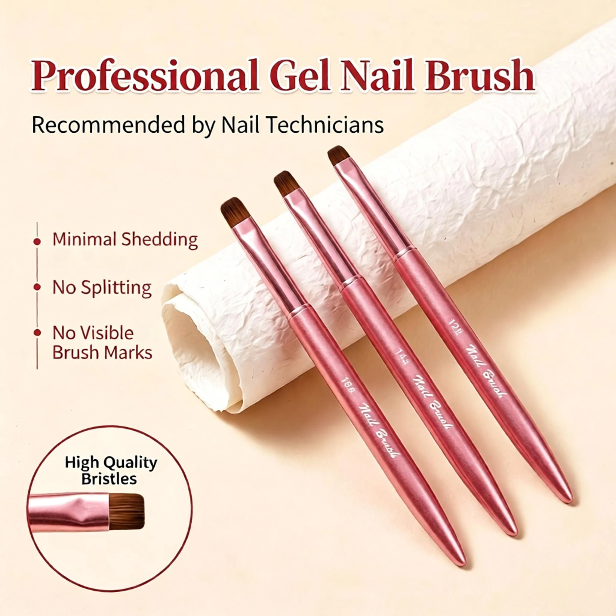 3-teiliges UV-Gel-Nagelbürsten-Set, flach, rund, für Builder-Gel-Verlängerung, Nylonborsten, rosafarbener Metallgriff, für französische Maniküre, Salon, DIY – Detail 1