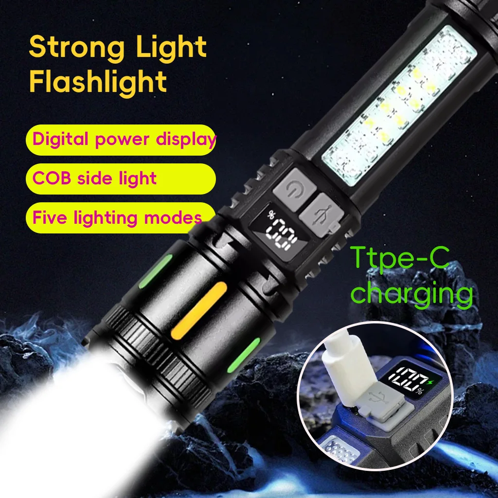 

Powerful LED Flashlight with Side Light Type-C Rechargeable Handheld Flashlight Portable Emergency Lighting Outdoor Camping