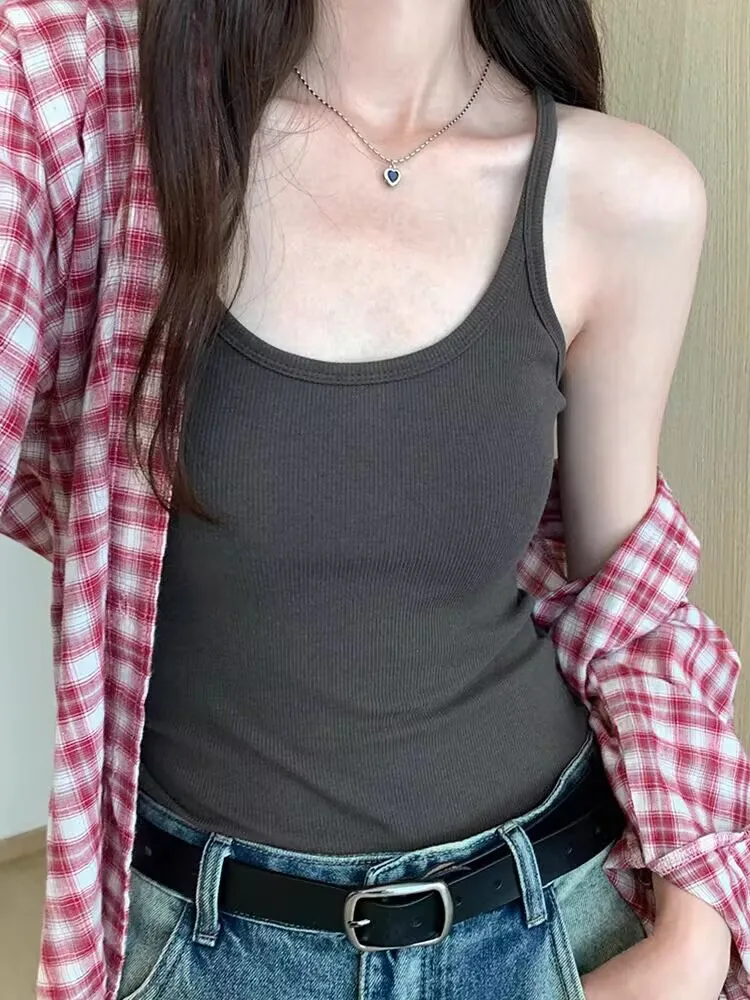 2025 새로운 도착 트렌드 고품질 봄 여름 여성 하이 스트리트 탱크 탑 아가 솔리드 U-칼라 나사 스레드 여성 티