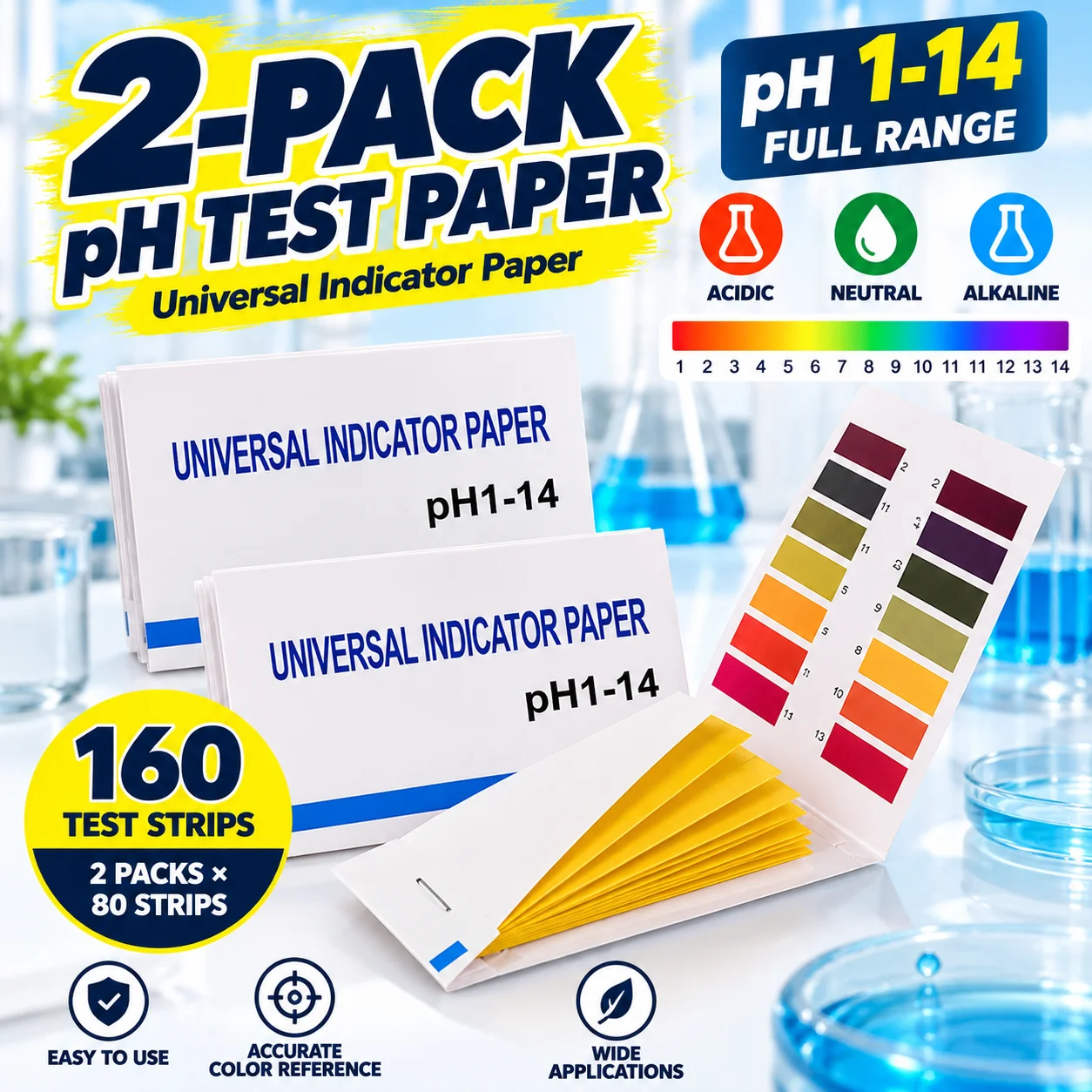 2 Pack Universal pH Test Paper 1-14, 160 Strips Acid Alkaline Indicator Strips for Water Soil Aquarium Lab Testing