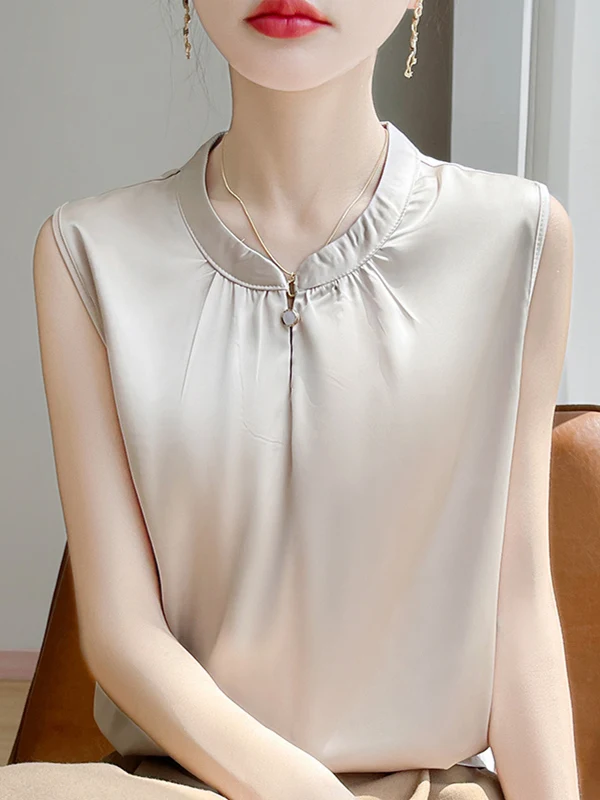 Fashionable Sleeveless Satin Shirt round Neck Summer Outerwear Vest Chop Sleeve Chiffon Blouse Top Small Shirt Moisture Wicking