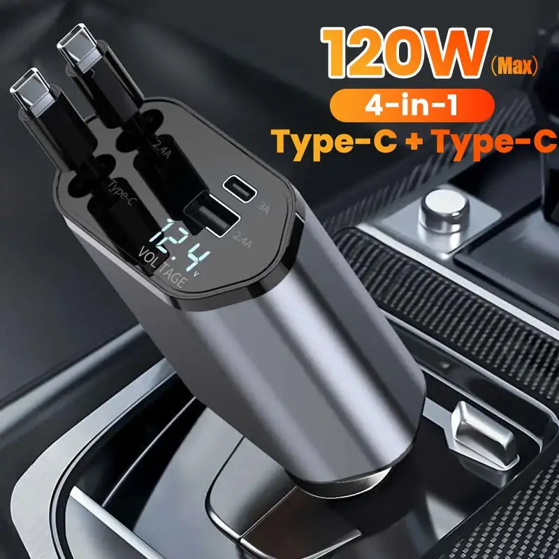 4 in 1 120W Car Charger Retractable Car Cigarette Lighter Adapter with USB Type C Fast Charging Cable for iPhone 15 16 Samsung