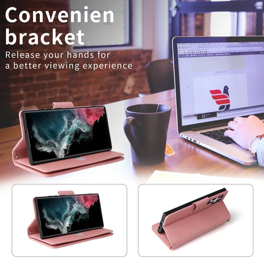 Wallet Rivet Buckle Zipper Leather Case For Samsung Galaxy S22 Ultra S21 FE S20 FE 2022 S10 S9 S8 Plus Note 20 Ultra 10 Lite 9