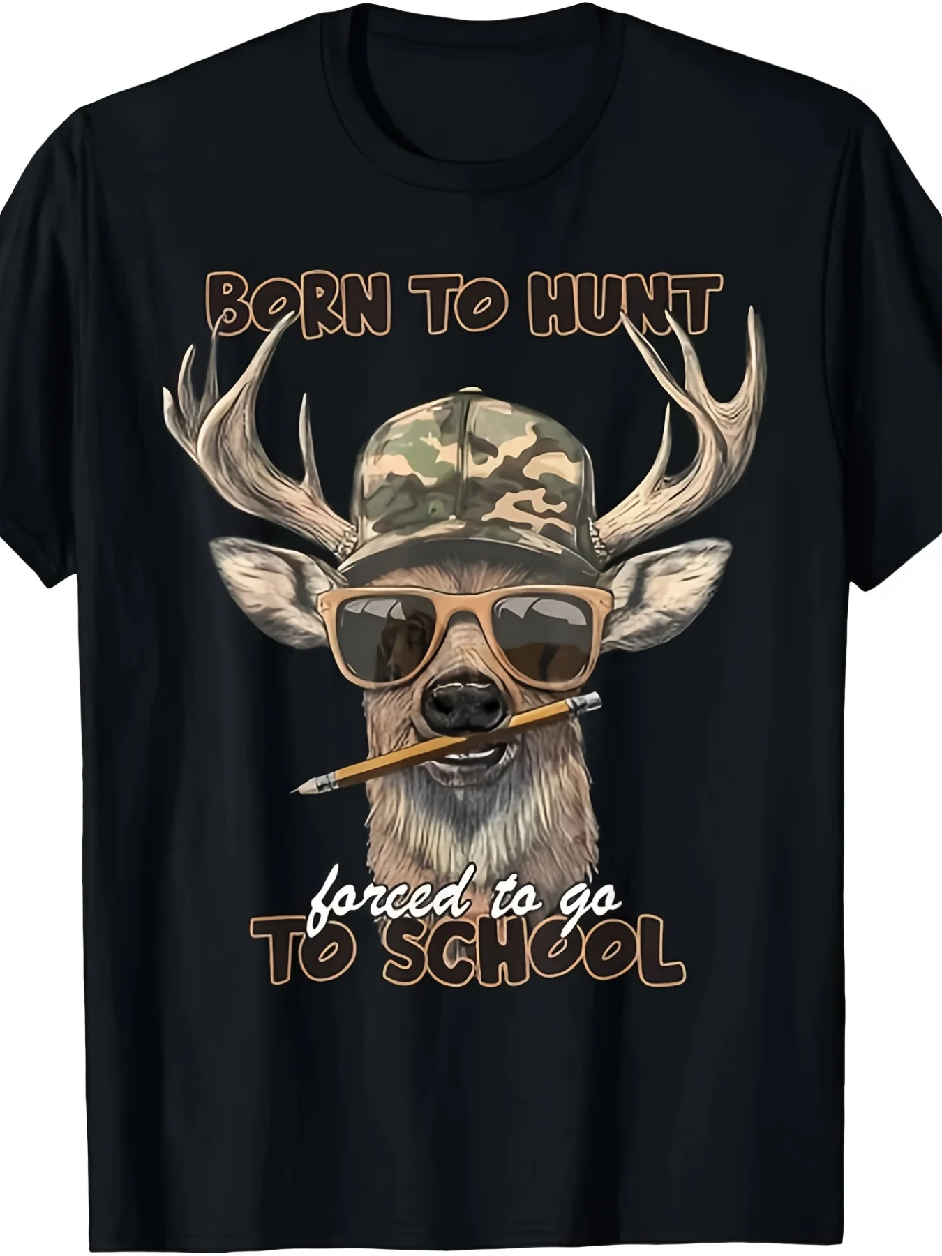 Men'S Humorous Graphic Tee For Deer Hunting Featuring The Slogan 'Born To Hunt, Forced To Attend School', Designed With Camo Dee