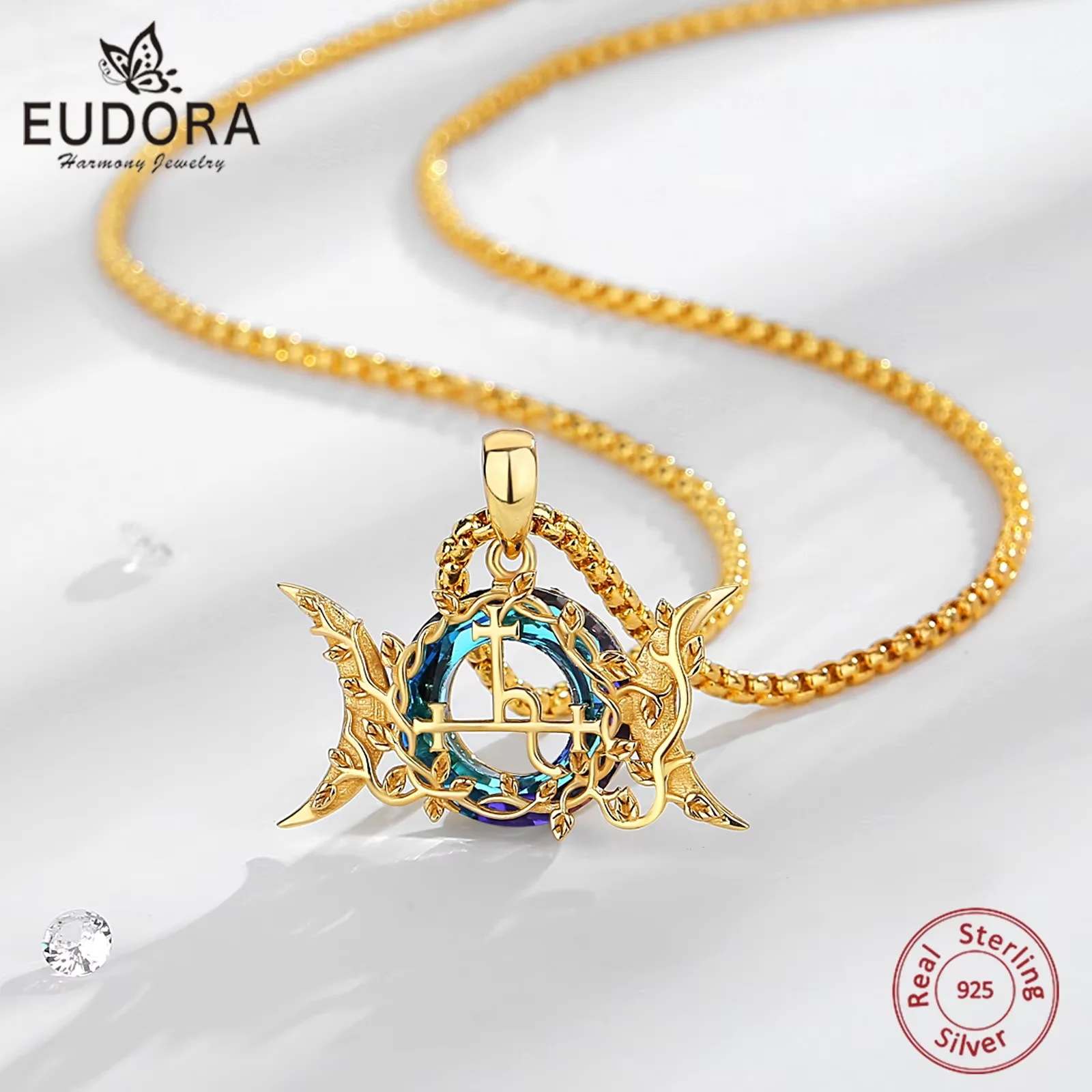 Eudora 925 Sterling Silber Lilith Sigil Halskette 18 Karat Gold Dreifachmondgöttin Amulett Anhänger Österreichischer Kristall Wicca Schmuck Geschenk