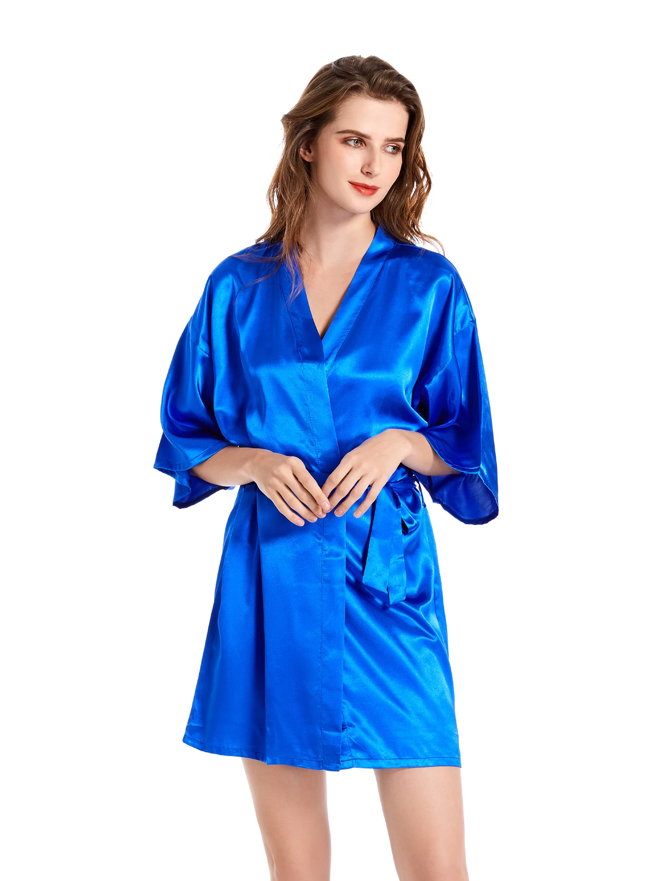 1pc new bride satin robe women team bride white royal blue wedding bridal party short kimono robes