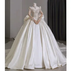 Luxury Wedding Dresses 2025 Full Sleeve Classic Satin Sweetheart Wedding Party Dress With Brush Train Customized Ball Gown