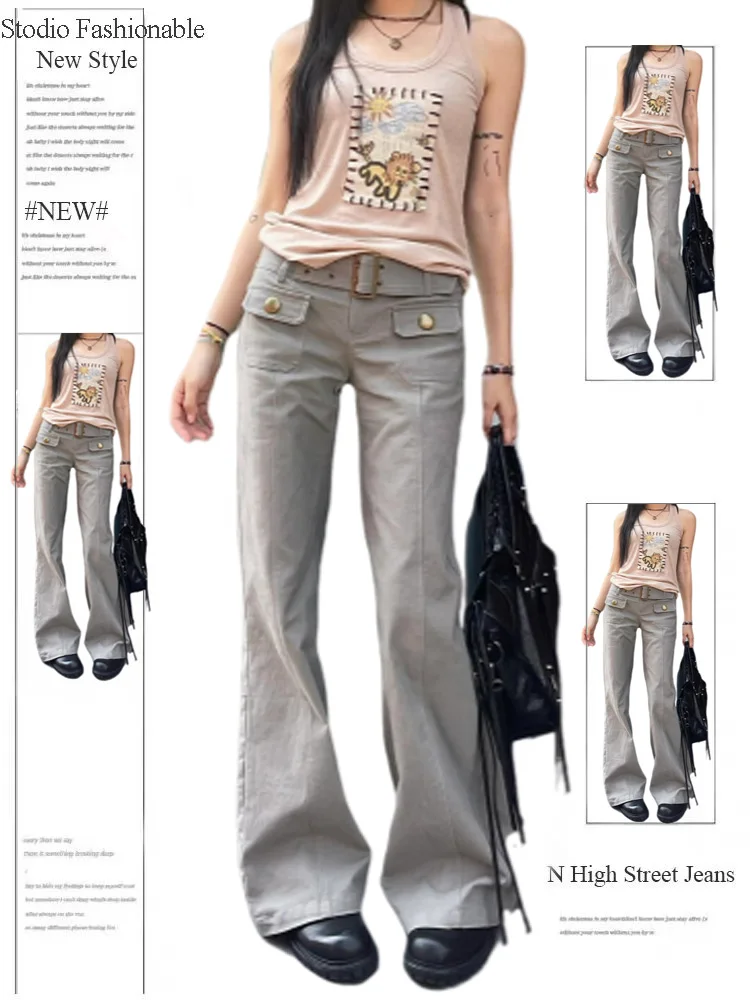 

Women Vintage Gyaru Flare Pants Trashy Y2k Harajuku Low Rise Bell-Bottom Long Trousers Korean Fashion Japanese High Street New