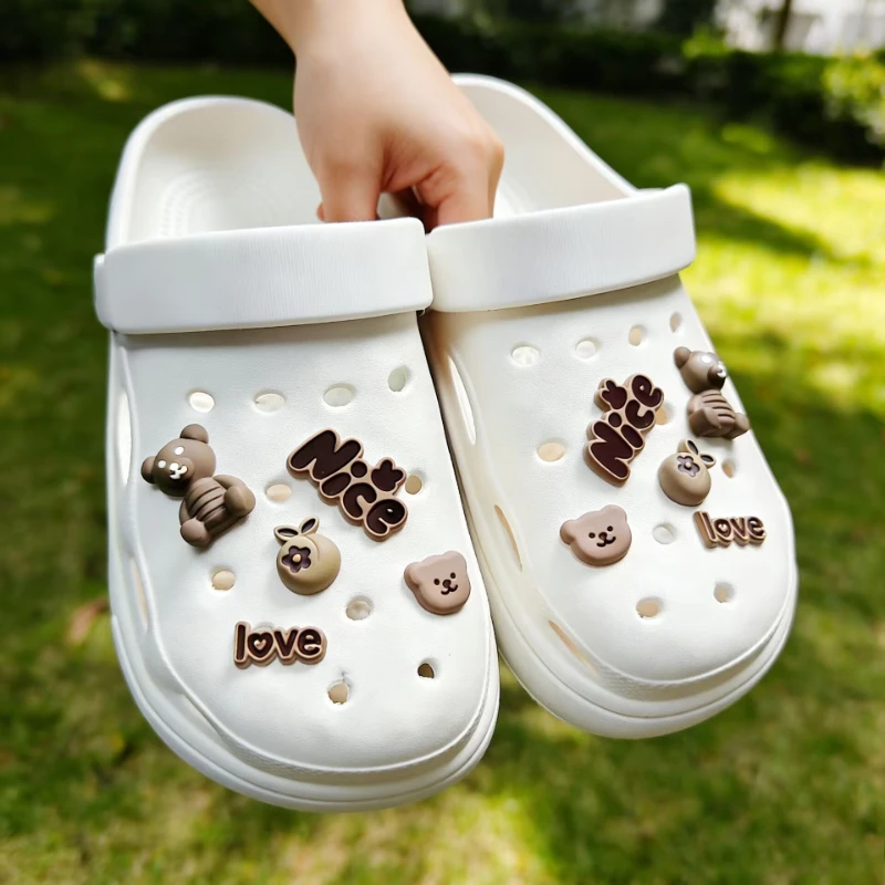 10PCS Cute Cartoon Teddy Bear Love Charm Coffee Colored Shoe Accessories Detachable Buckle Flower Shoe Charms for DIY Holiday Gi