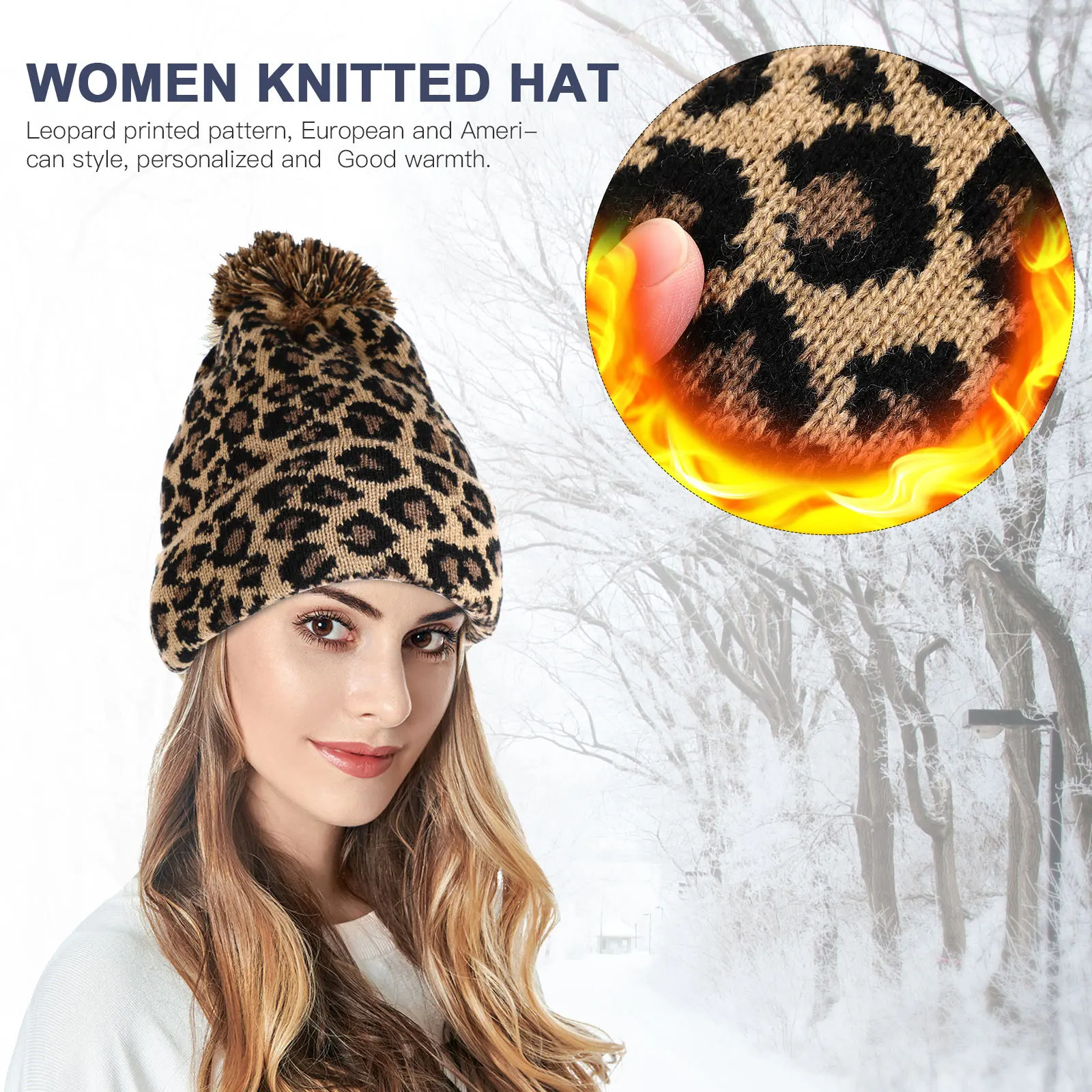 

Knitted Winter Hat Women Leopard Print Wool Beanie Coffee Warm Stylish Soft Material High Quality Easy to Clean