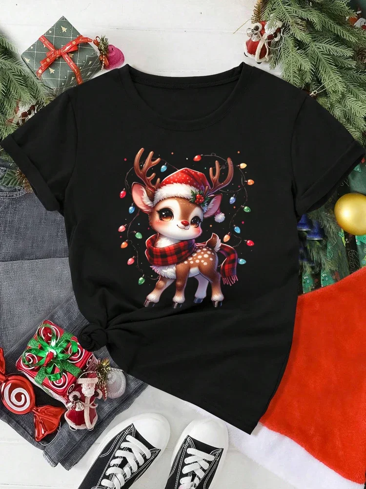 Cute Christmas Elk Printing Women T Shirt Cartoon Casual Short Sleeve O-Neck Women Red Tshirt Ladies Y2k T-shirt Female