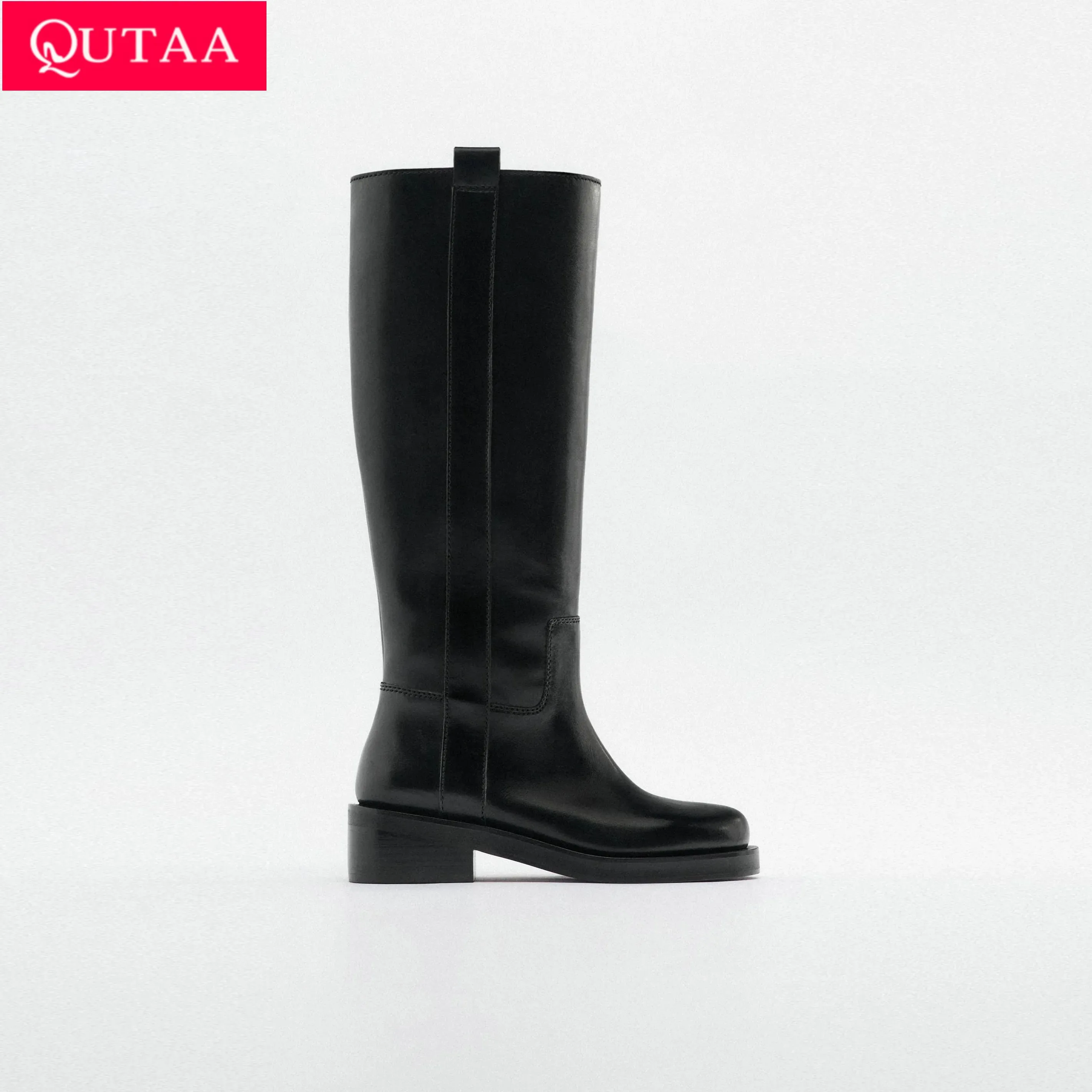 

QUTAA 2024 INS Women Knee High Boots Leather Med Heel Warm Boots Motorcycle Boots Punk Shoes Woman High Boot Size 34-43