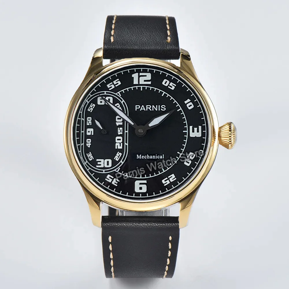 Parnis 44mm Black Dial Luminous Marks Mechanical Men Watch Hand Winding Men's Watches ST3600 Movement Leather Strap Man Clock