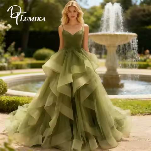 DTLumika Sage Tiered Maxi Dress for Women 2026 Spaghetti Straps Long Evening Dresses Quinceanera Party Gowns