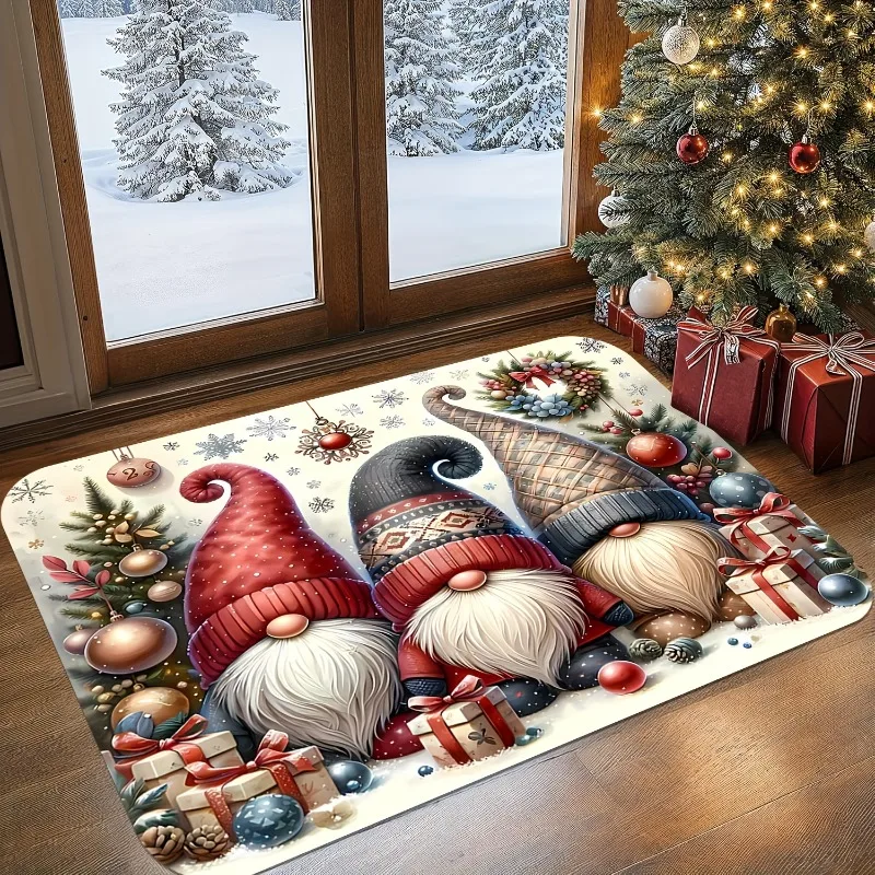 Christmas Gnome Flannel Doormat Cute Faceless Dwarf Boxes Baubles Pine Wreath Snowflake Anti‑Slip Home Entrance Holiday Rug