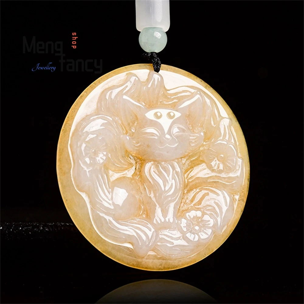

Natural Burmese A-grade Jade Fox Spirit Nine-tailed Fox Exquisite Craftsmanship Pendant Ice Seed Jade Pendant Flower Piece