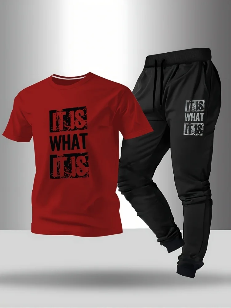 2025 Men's Summer Fashion Casual Sports Set Italian 3D Letter Print Round Neck Short Sleeve Top & Casual Trousers Two-Piece Set